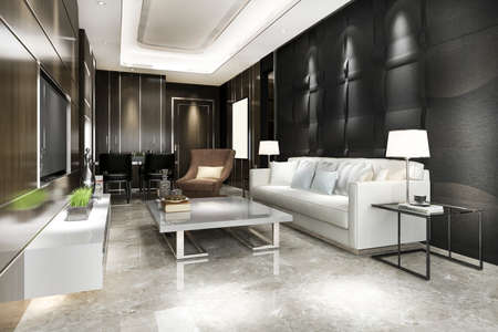 3d rendering black modern dining room and living room with luxury decorの写真素材
