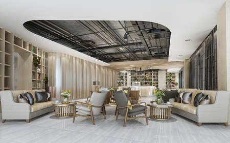 3d renering elegant lounge lobby area with counter and shelf