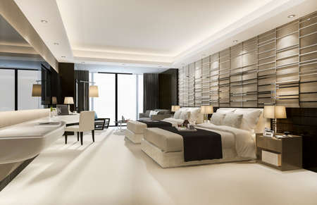 3d rendering luxury classic modern bedroom suite in hotel with king size bedの写真素材