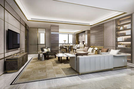 3d rendering loft luxury living room with bookshelf near dining tableの写真素材