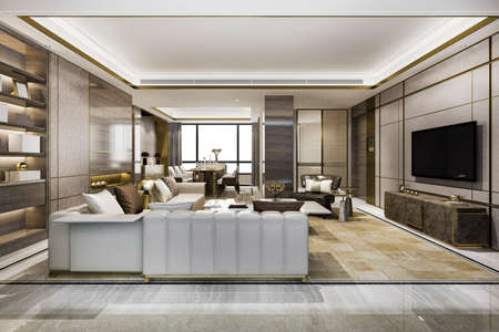 3d rendering loft luxury living room with bookshelf near dining tableの写真素材