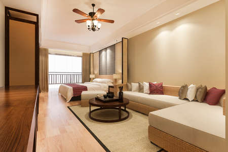 3d rendering luxury tropical bedroom suite in resort hotelの写真素材