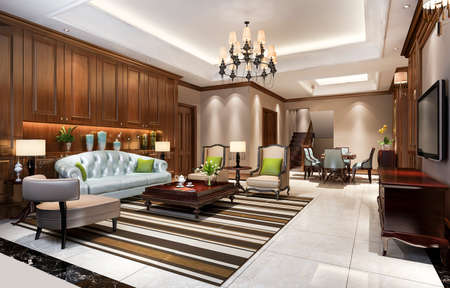 3d rendering classic european dining room and living room with luxury chendelierの写真素材