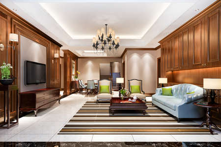 3d rendering classic european dining room and living room with luxury chendelierの写真素材
