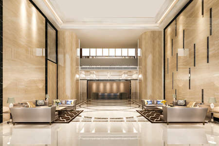 3d rendering grand luxury hotel reception hall entrance and lounge restaurantの写真素材