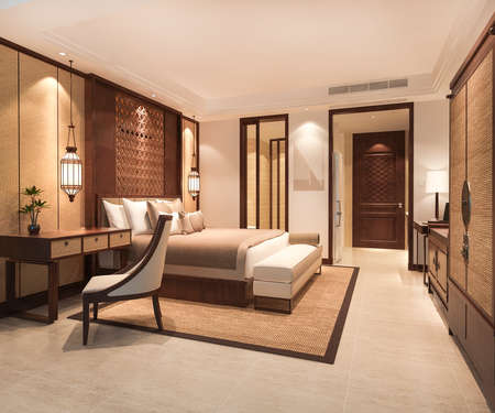 3d rendering luxury tropical bedroom suite in resort hotel with wardrobeの写真素材