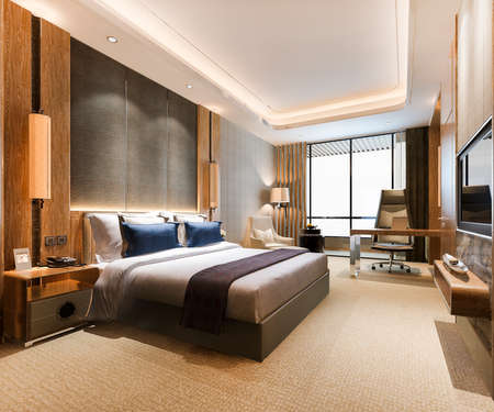 3d rendering luxury classic modern bedroom suite in hotelの写真素材