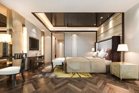 3d rendering beautiful luxury bedroom suite in hotel with working table near bathroomの写真素材