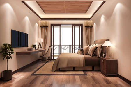 3d rendering beautiful minimal luxury asian bedroom suite in hotel with tvの写真素材