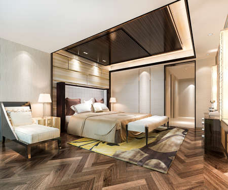3d rendering beautiful luxury bedroom suite in hotel with working table near bathroomの写真素材