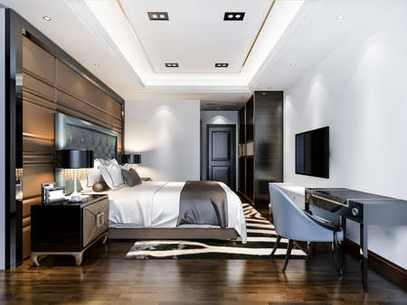 3d rendering luxury bedroom suite in hotel with tv and working tableの写真素材