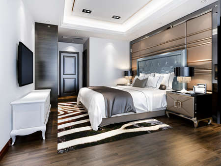 3d rendering luxury bedroom suite in hotel with tv and working tableの写真素材