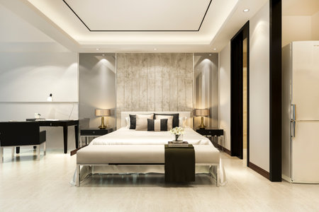 3d rendering beautiful luxury bedroom suite in hotel with working table near bathroomの写真素材