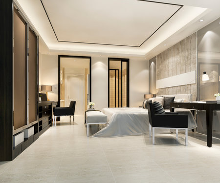 3d rendering beautiful luxury bedroom suite in hotel with working table near bathroomの写真素材