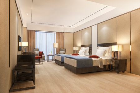 3d rendering luxury bedroom suite in resort high rise hotel with twin bedの写真素材