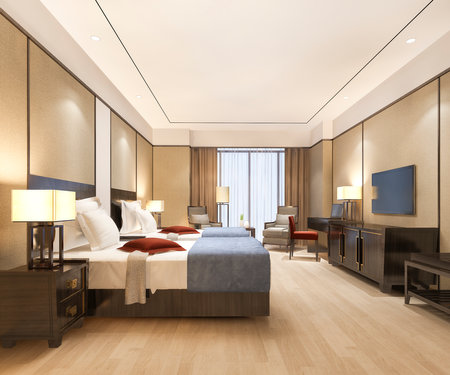 3d rendering luxury bedroom suite in resort high rise hotel with twin bedの写真素材