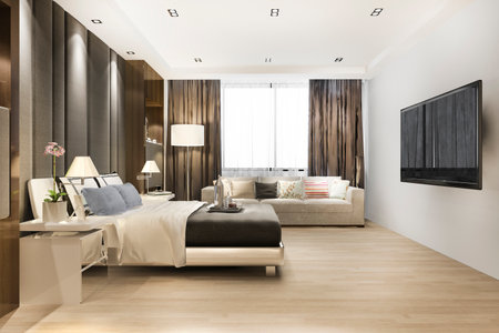 3d rendering luxury classic modern bedroom suite in hotelの写真素材