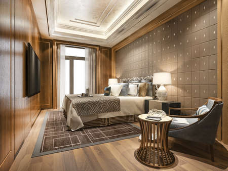3d rendering beautiful luxury bedroom suite in hotel with tv and working tableの写真素材
