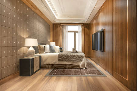 3d rendering beautiful luxury bedroom suite in hotel with tv and working tableの写真素材