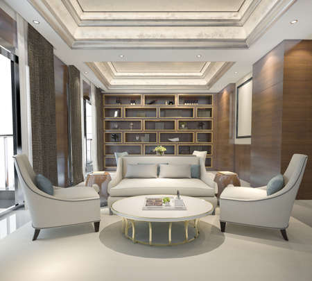 3d rendering wood classic living room with marble tile and bookshelfの写真素材