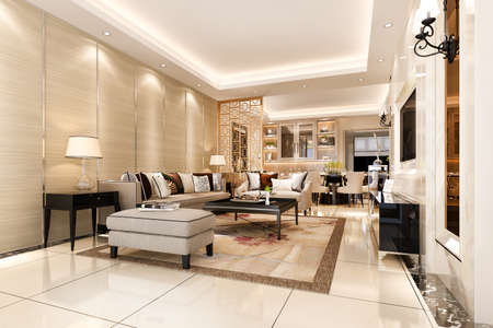 3d rendering modern dining room and living room with luxury decorの写真素材