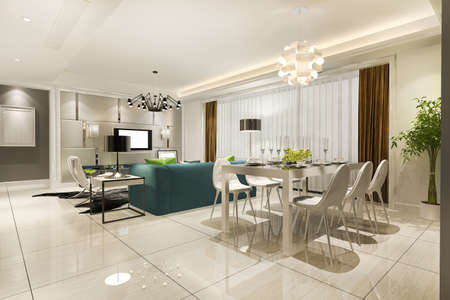 3d rendering modern dining room and living room with luxury decorの写真素材