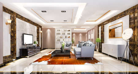 3d rendering modern dining room and living room with luxury decorの写真素材