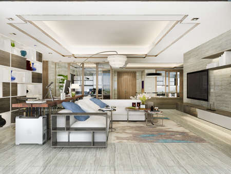 3d rendering loft luxury living room with bookshelf near dining tableの写真素材