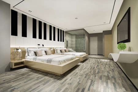 3d rendering modern luxury twin bed in bedroom suite and bathroomの写真素材