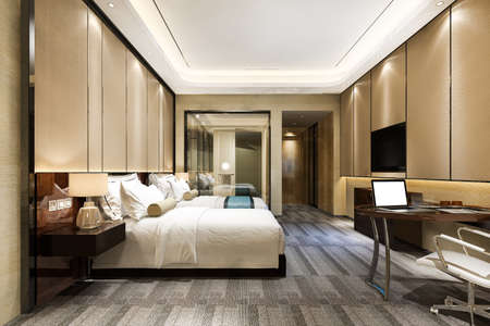 3d rendering luxury bedroom suite in resort  hotel with twin bed and bathroomの写真素材