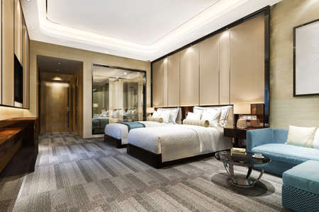 3d rendering luxury bedroom suite in resort  hotel with twin bed and bathroomの写真素材