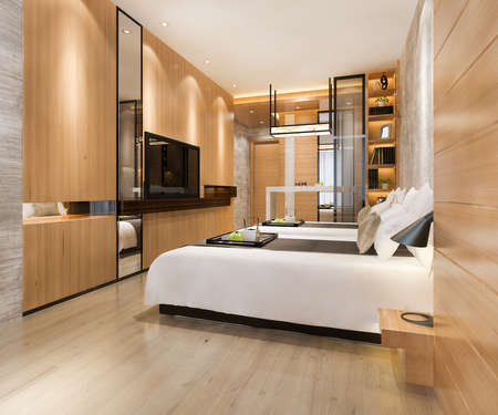 3d rendering luxury bedroom suite in resort  hotel with twin bedの写真素材