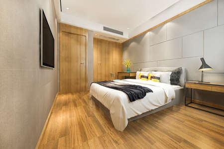 3d rendering vintage minimal bedroom suite in hotel with tvの写真素材