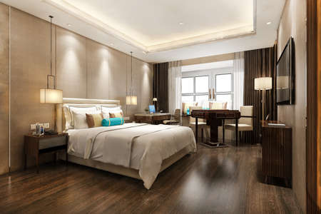 3d rendering beautiful luxury bedroom suite in hotel with tv and working tableの写真素材