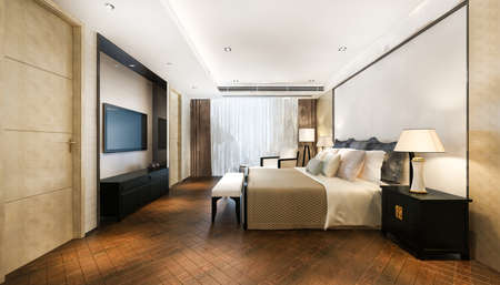 3d rendering beautiful luxury bedroom suite in hotel with tv and working tableの写真素材