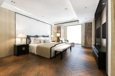 3d rendering beautiful luxury bedroom suite in hotel with tv and working tableの写真素材