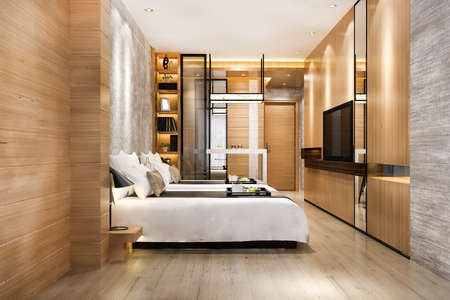 3d rendering luxury bedroom suite in resort  hotel with twin bedの写真素材