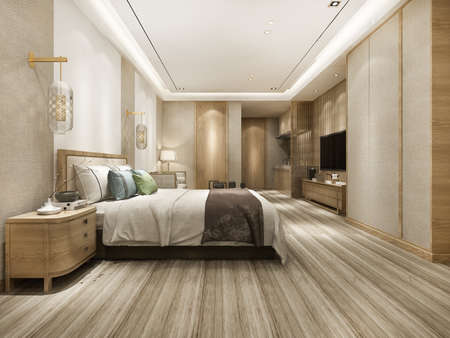 3d rendering luxury modern bedroom suite in hotel with wardrobe and walk in closetの写真素材