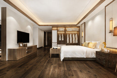 3d rendering luxury modern bedroom suite in hotel with wardrobe and walk in closetの写真素材