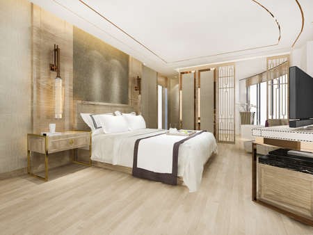3d rendering modern luxury bedroom suite and bathroom in hotelの写真素材