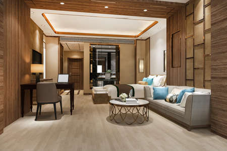 3d rendering beautiful luxury bedroom suite in hotel with tv and working tableの写真素材