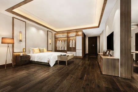 3d rendering luxury modern bedroom suite in hotel with wardrobe and walk in closetの写真素材