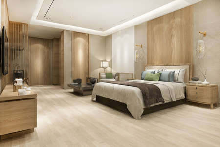 3d rendering luxury modern bedroom suite in hotel with wardrobe and walk in closetの写真素材