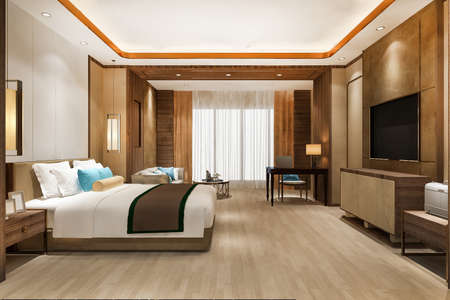 3d rendering beautiful luxury bedroom suite in hotel with tv and working tableの写真素材