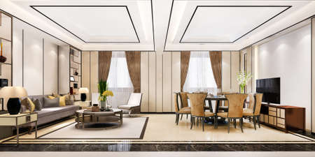 3d rendering modern dining room and living room with luxury decorの写真素材