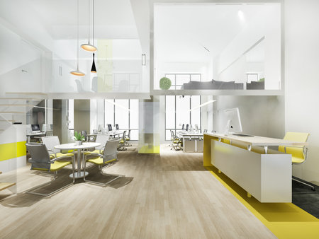 3d rendering business meeting and yellow working room with stairの写真素材