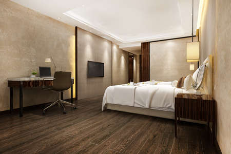 3d rendering beautiful luxury bedroom suite in hotel with tv and working tableの写真素材