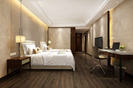 3d rendering beautiful luxury bedroom suite in hotel with tv and working tableの写真素材
