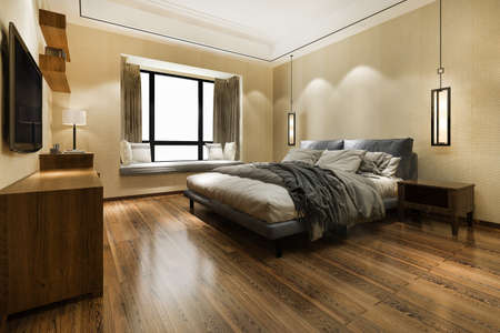 3d rendering beautiful minimal luxury asian bedroom suite in hotel with tvの写真素材