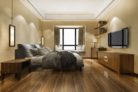 3d rendering beautiful minimal luxury asian bedroom suite in hotel with tvの写真素材